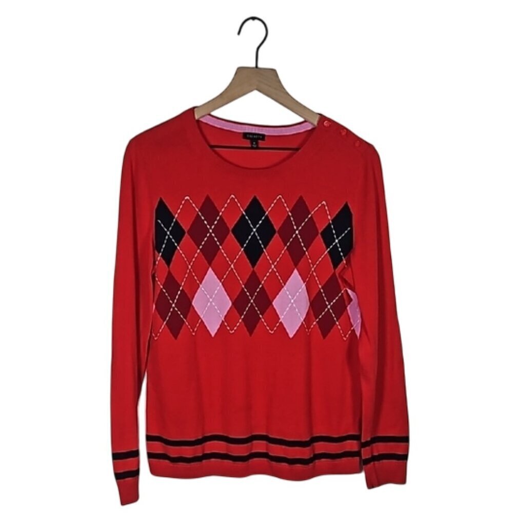 Talbots Womens Sweater M Red Pink Argyle Harlequin Knit Golf Preppie Academia